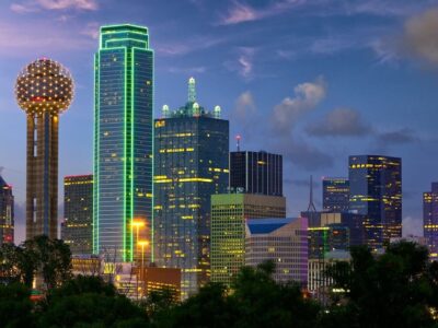 Dallas City skyline at dusk, Texas, USA