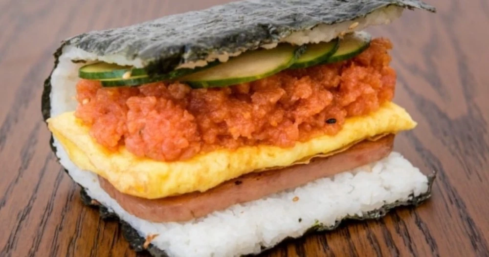 Spam musubi with egg, cucumber, and spicy tuna at a Chinatown Las Vegas restaurant.